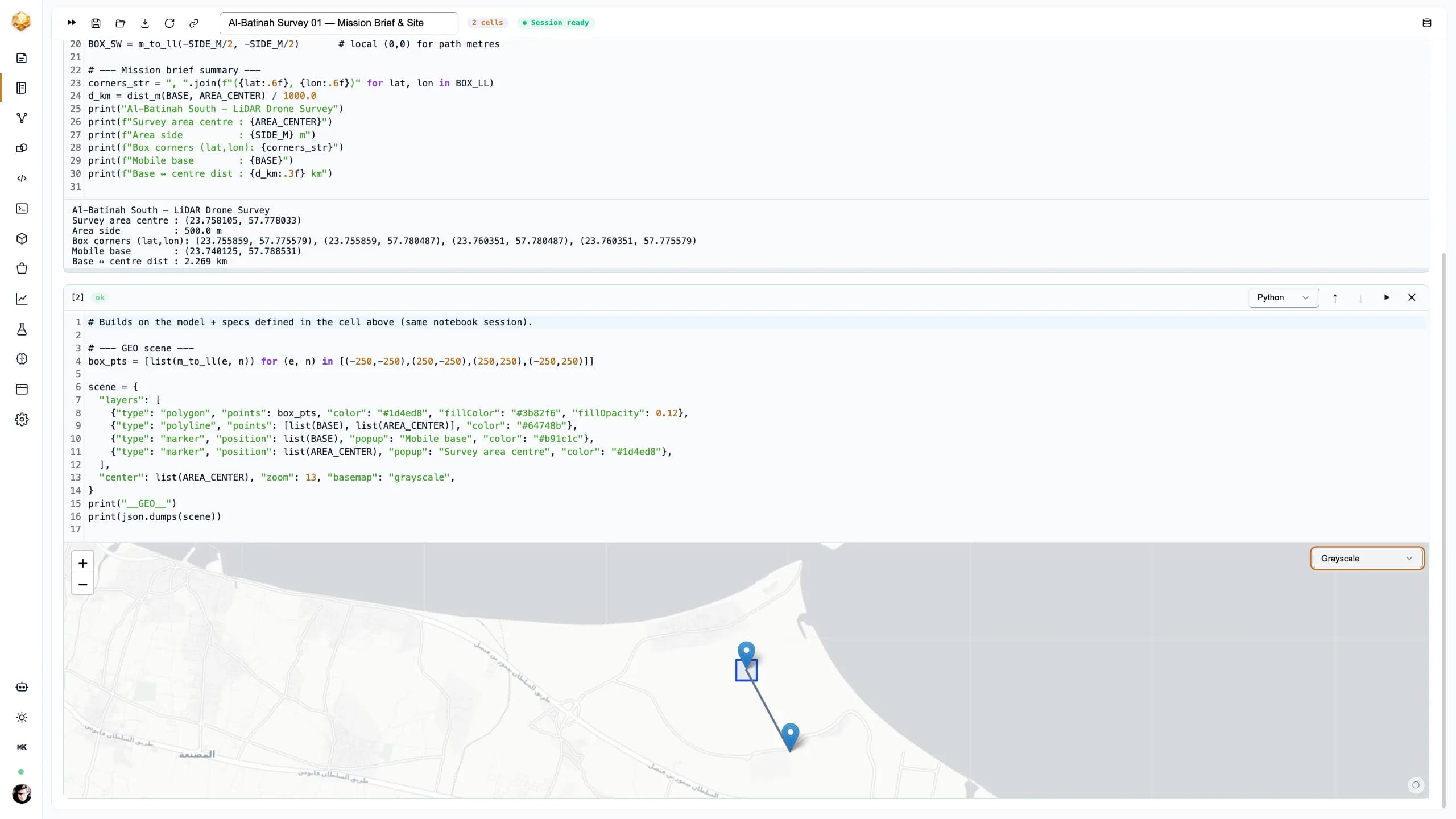 Un notebook di DjiniousLab che renderizza una mappa Leaflet in scala di grigi della costa di Al-Batinah, con il quadrato di rilievo di 500 metri, la base mobile e la linea di transito tra di essi