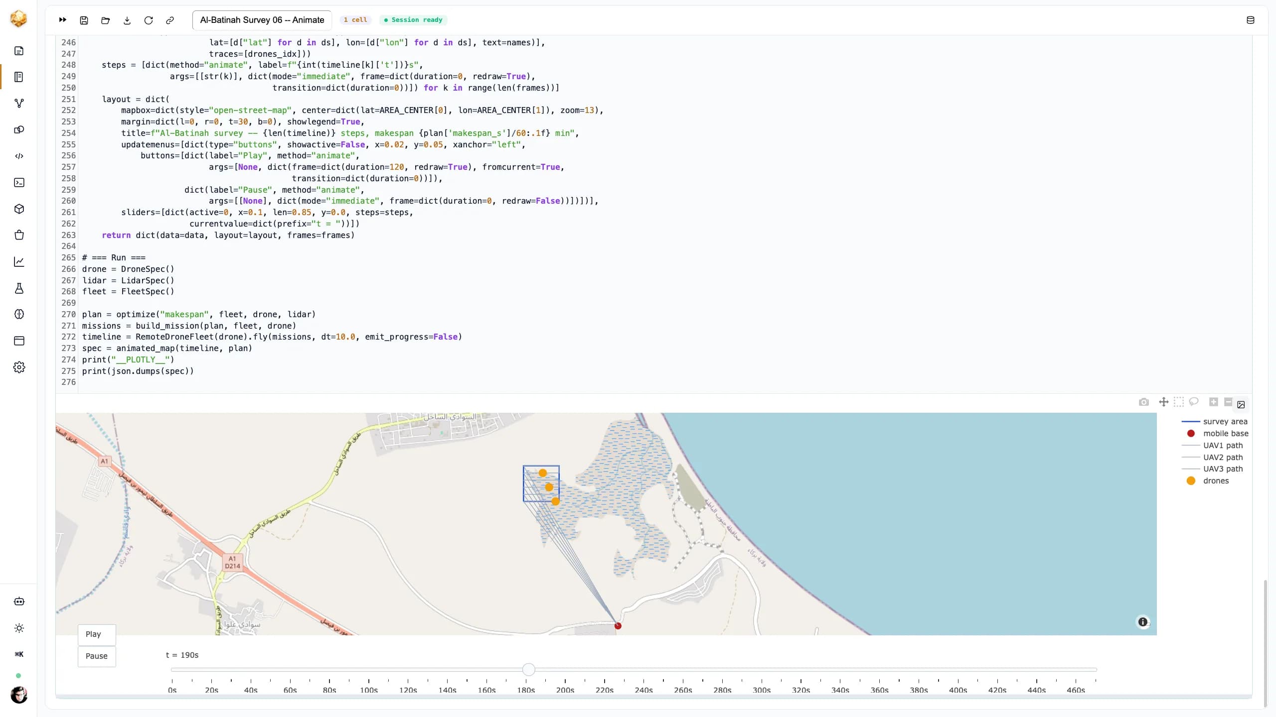 An animated mission map of three UAVs flying a LiDAR survey of a 500-metre square near the Al-Batinah coast of Oman, with their flight paths and a mobile base marked over an OpenStreetMap basemap