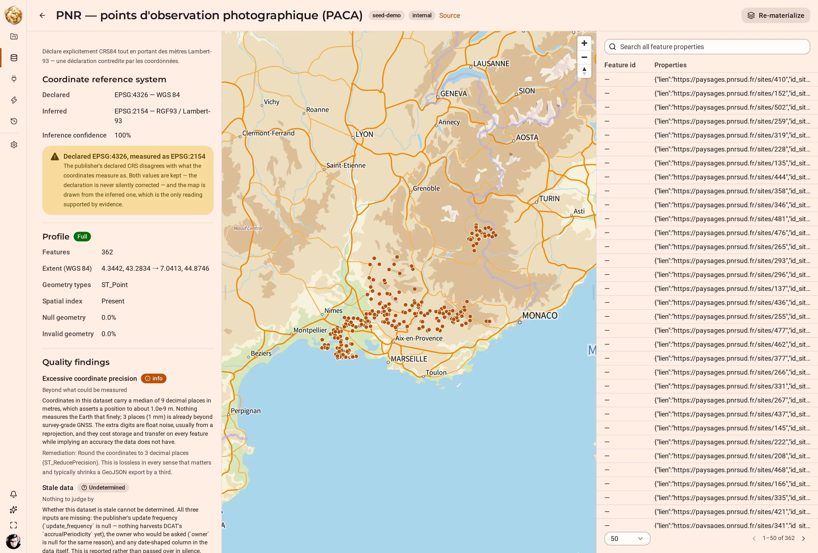 Una pagina di dettaglio di un dataset che mostra EPSG:4326 dichiarato, EPSG:2154 dedotto con confidenza del 100%, un avviso che i due sono in disaccordo, un profilo completo, i risultati di qualità e i suoi punti disegnati sulla regione Provenza-Alpi-Costa Azzurra.
