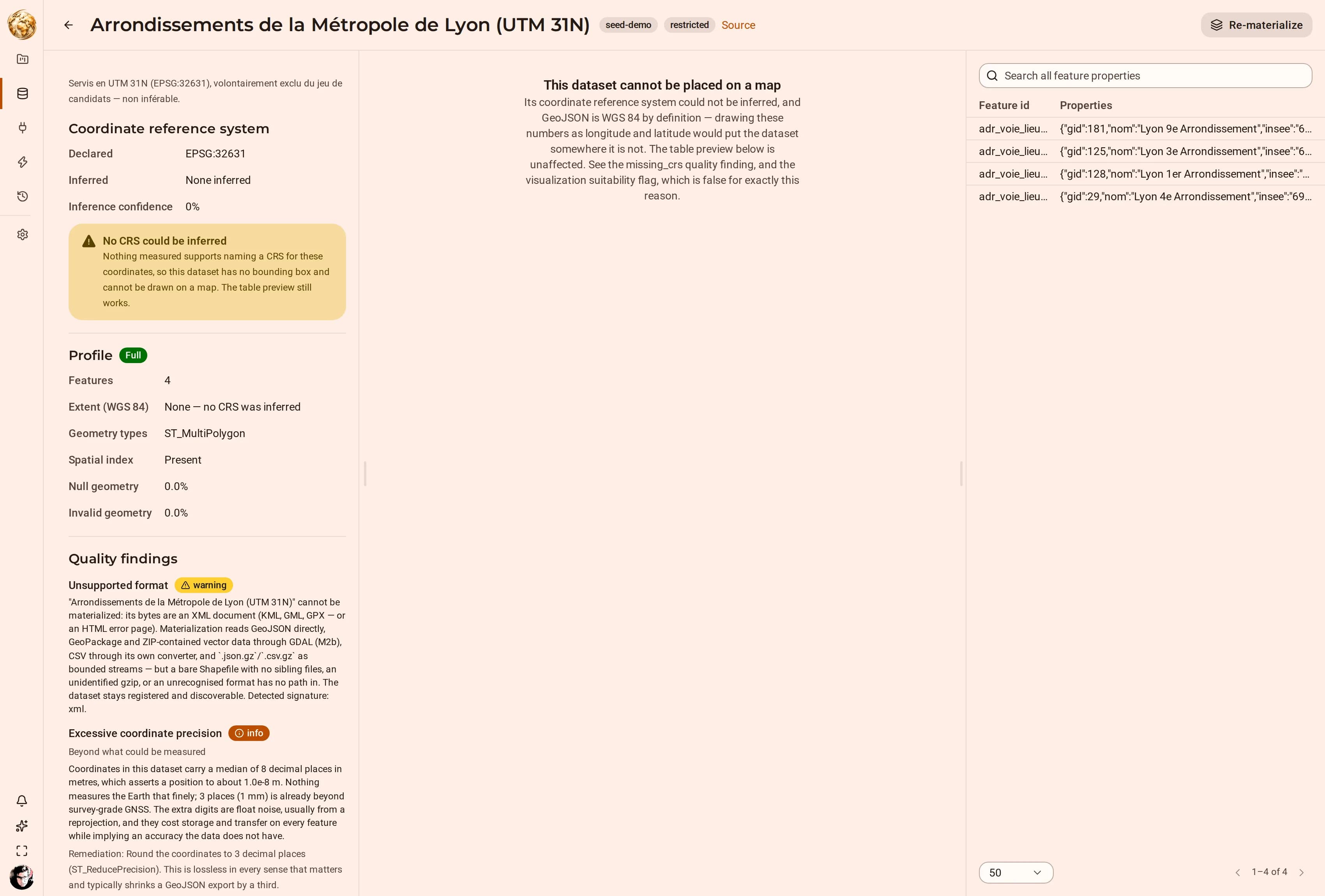 Una pagina di dettaglio dataset che segnala che non è stato possibile inferire alcun CRS, con un profilo completo, un badge Full profile, e rilevazioni di qualità per precisione delle coordinate eccessiva e dati obsoleti.