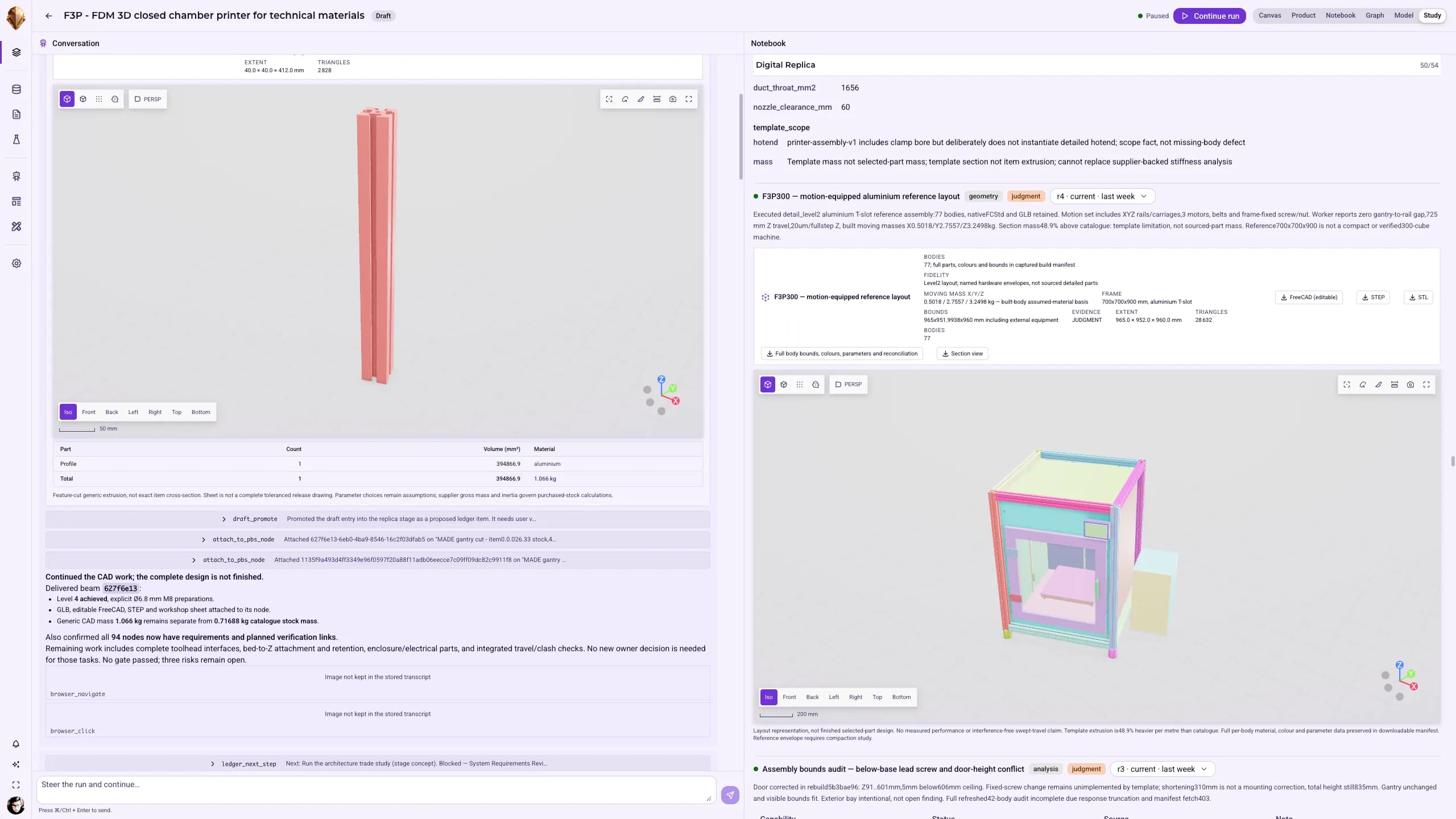 Un’esecuzione di DjiniousEngineering: l’agente che guida il progetto accanto a una geometria CAD generata e a una tabella delle masse dei componenti