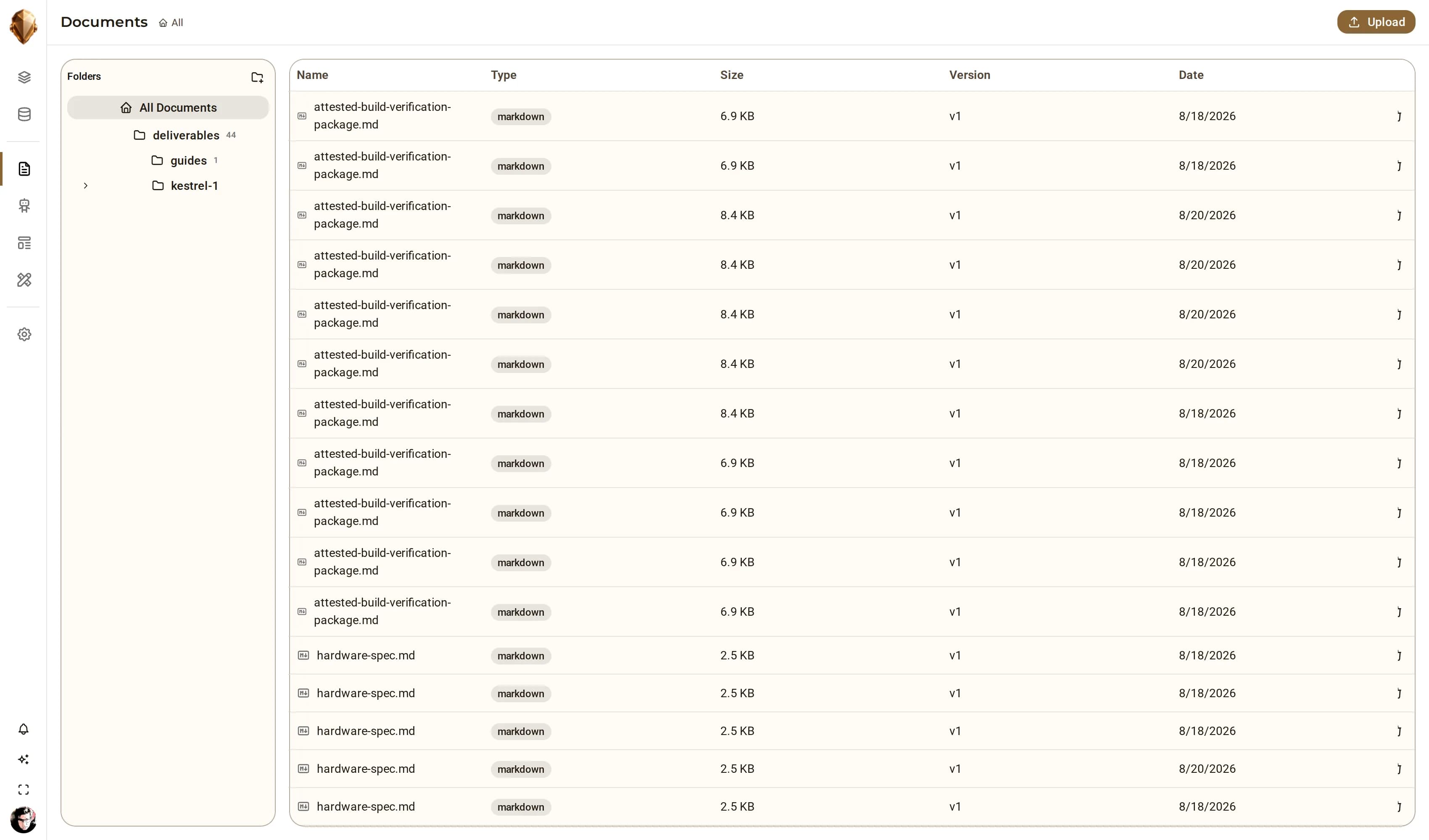 La vista documenti di DjiniousEngineering: una cartella di deliverable di documenti Markdown generati — pacchetti di verifica build attestati e specifiche hardware — ciascuno con la propria dimensione, versione e data.