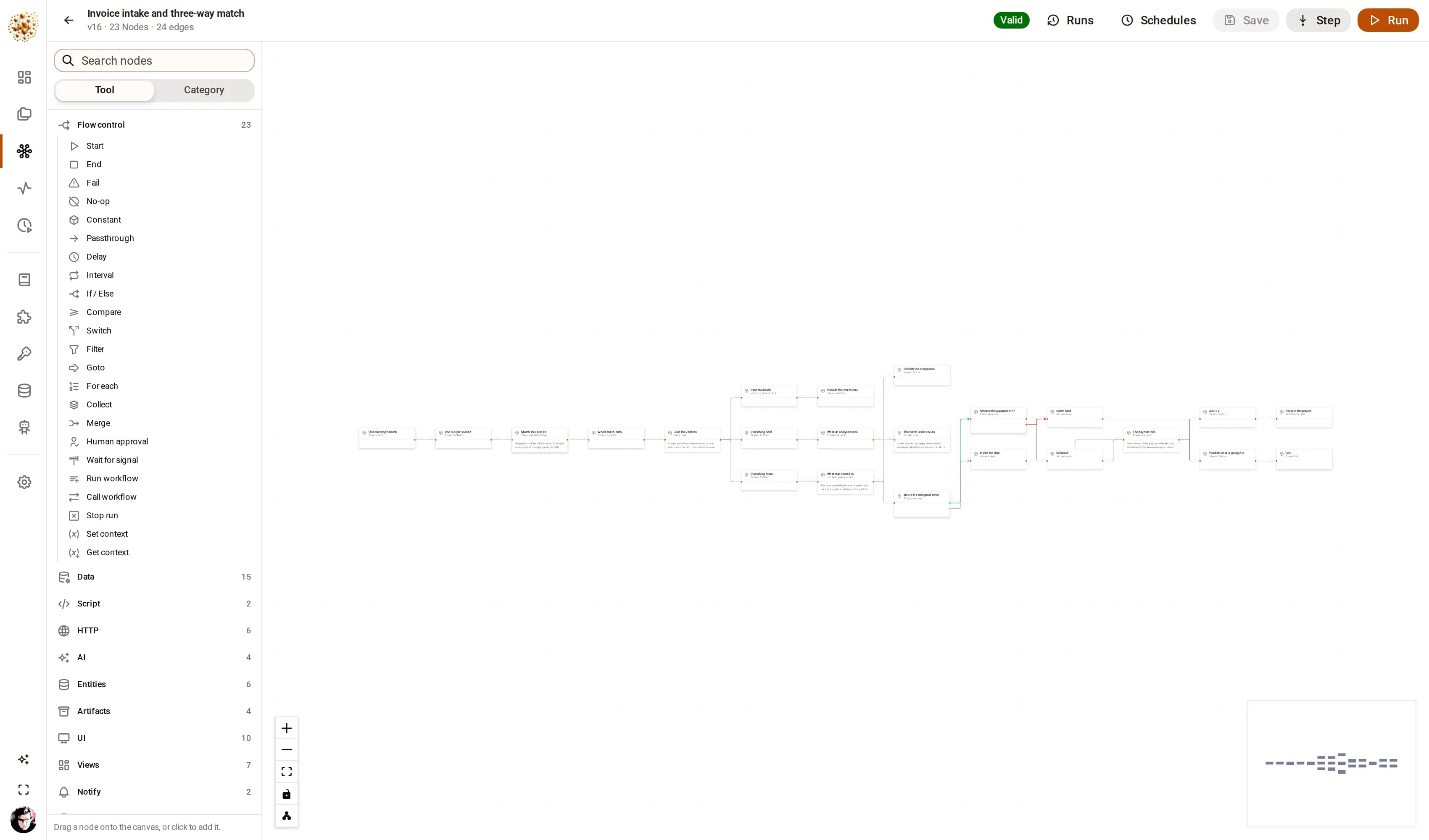 The DjiniousWorkflow canvas showing a twenty-three node invoice intake graph, with a fan-out into a sub-workflow call, a gather, branching into exceptions and payables, and an approval gate before the payment file is written.