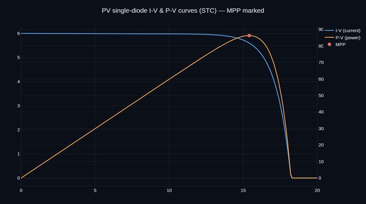 Solar PV single-diode I-V and P-V curves, the power curve peaking at the maximum-power point