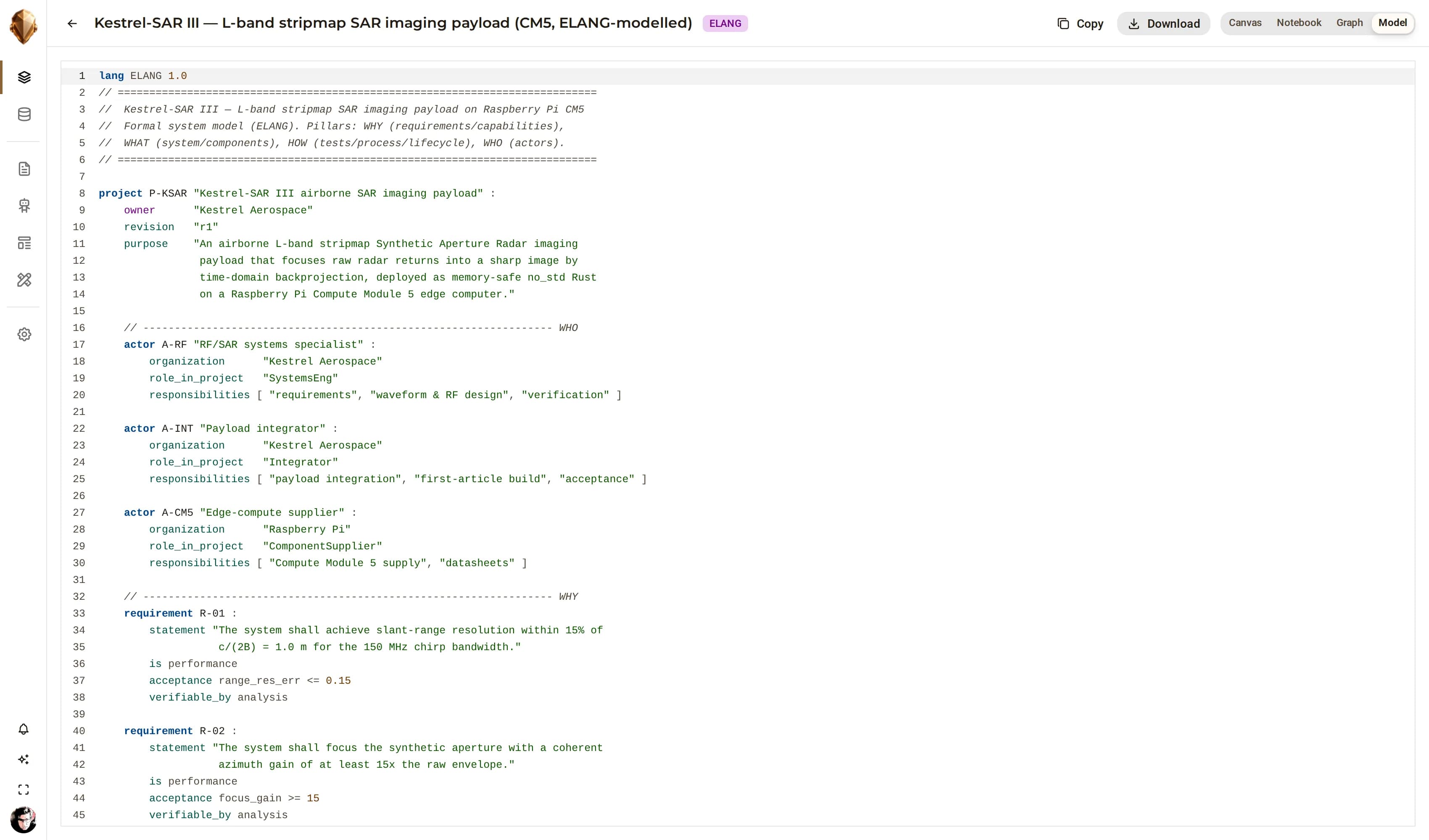 Un modello sorgente ELANG nell’editor di DjiniousEngineering, mostrato sul payload Kestrel-SAR III: il progetto, i suoi attori e i suoi requisiti, ciascuno con un criterio di accettazione e un metodo di verifica.