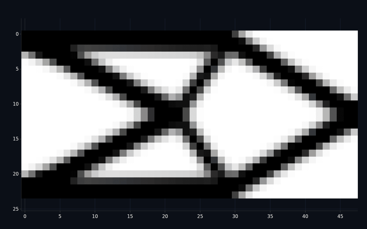 A topology-optimized cantilever — a black truss of material on a white void, clamped at the left and braced to a tip load