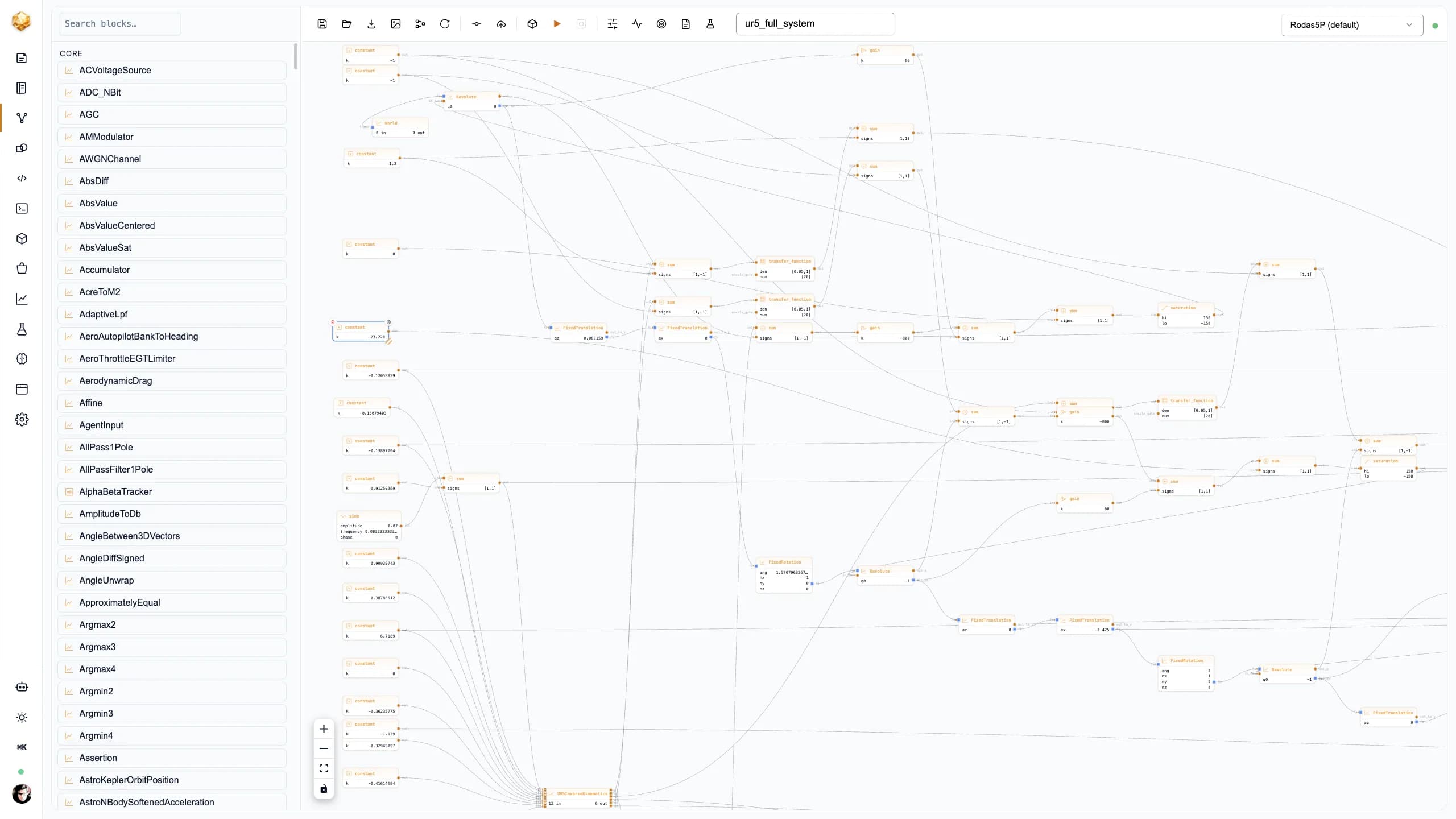 The UR5 full-system model opened as a node graph in the DjiniousLab canvas, showing the entire closed-loop composition wired from multibody-kit primitives