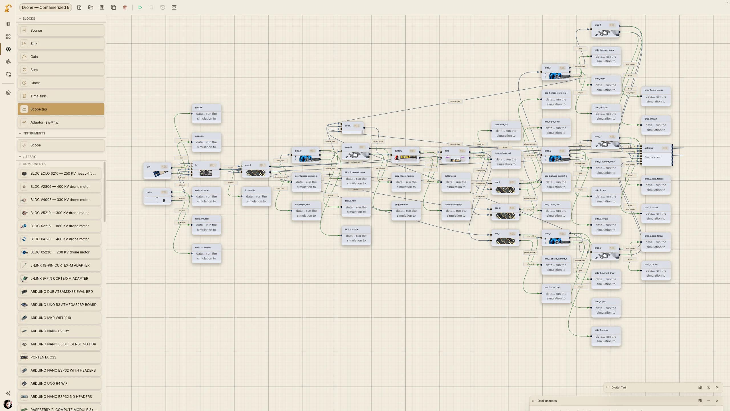 DjiniousWorkshop application canvas showing a complete drone system assembled from component models