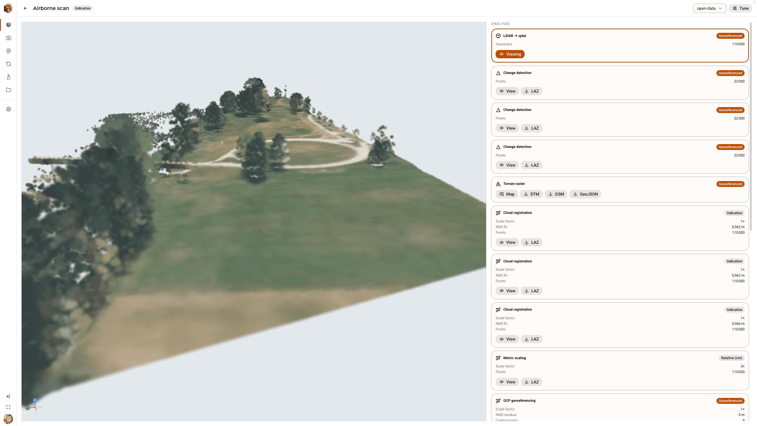 DjiniousWorld Airborne Scan interface showing a georeferenced 3D terrain reconstruction and analysis outputs