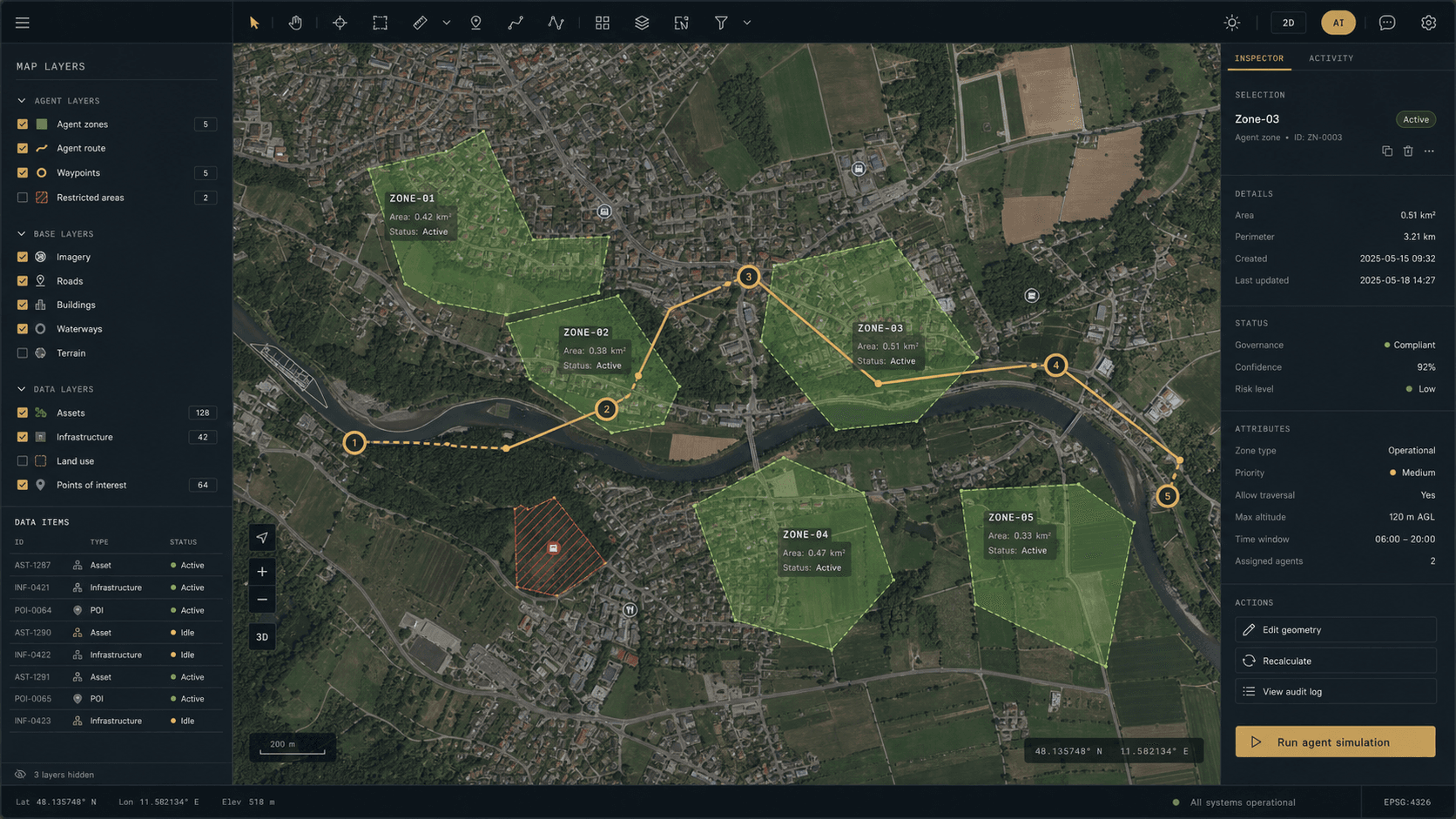 DjiniousMap interface showing satellite GIS imagery, governed agent zones, a waypoint route, map layers and an inspector panel