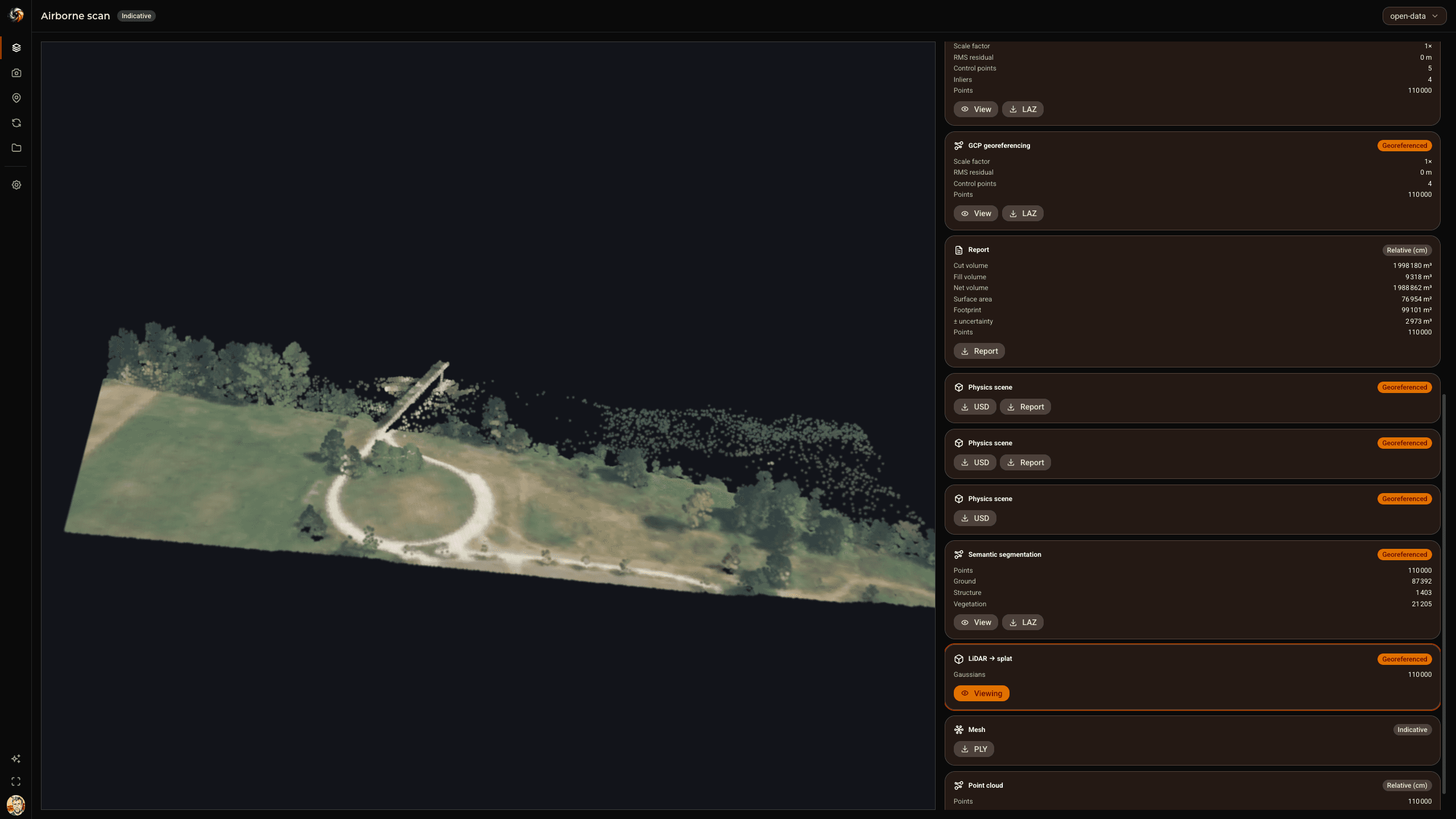 DjiniousWorld Airborne Scan interface showing a georeferenced Gaussian-splat reconstruction and analysis outputs