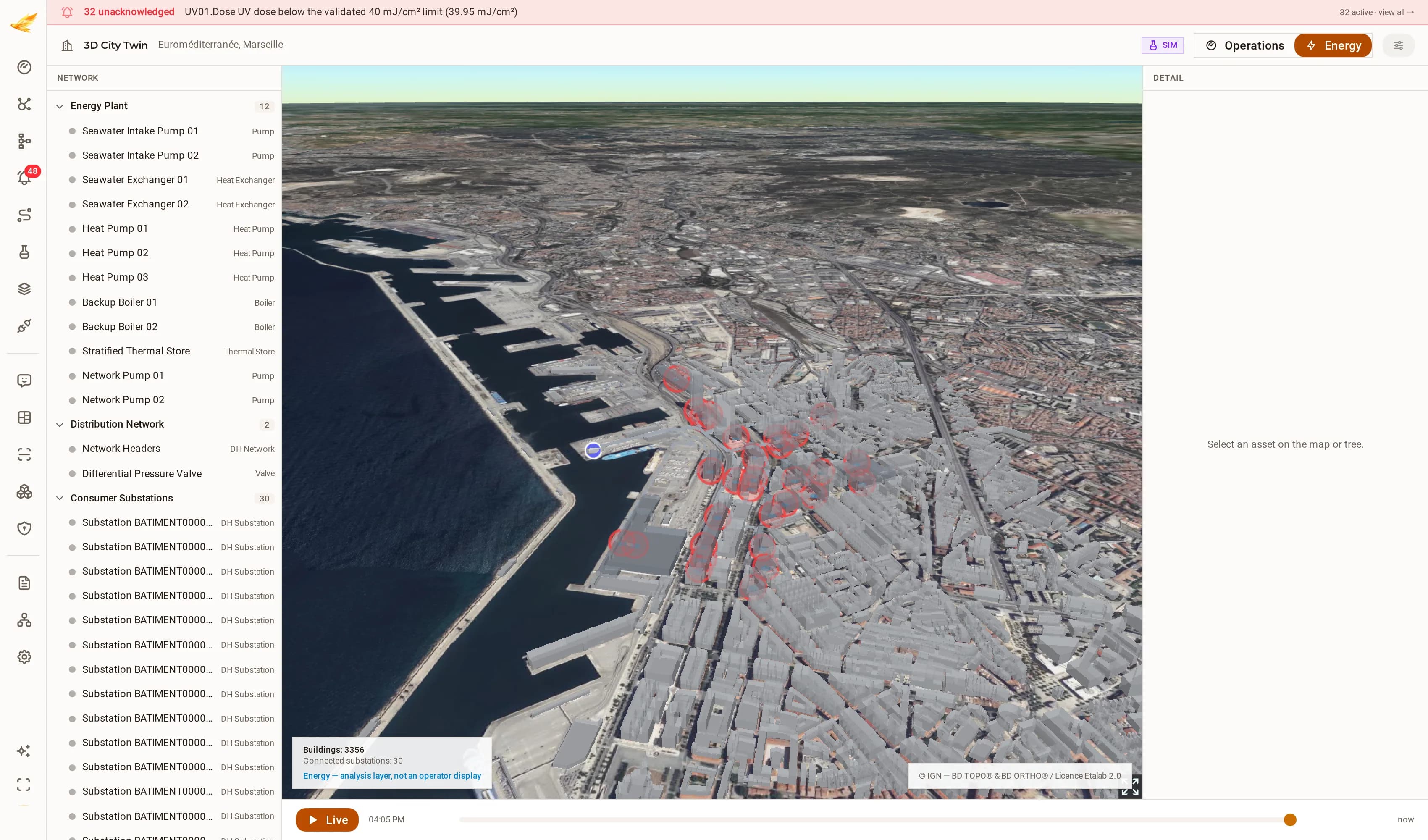 Lo stesso gemello digitale della città commutato in modalità Energia, che mostra le sottostazioni colorate per carico e colonne di carico per sottostazione, con la legenda che lo definisce un livello di analisi.